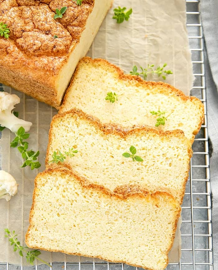 Overhead photo of cauliflower loaf and slices