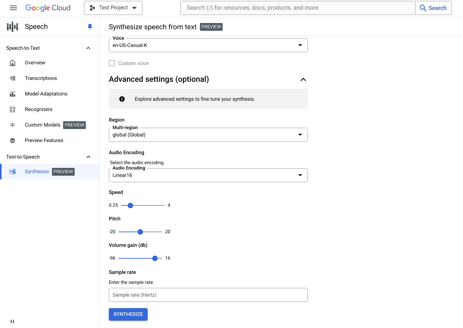 “Text-to-Speech 合成”页面第 2 部分的屏幕截图。