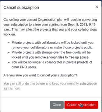 Confirm Cancel subscription