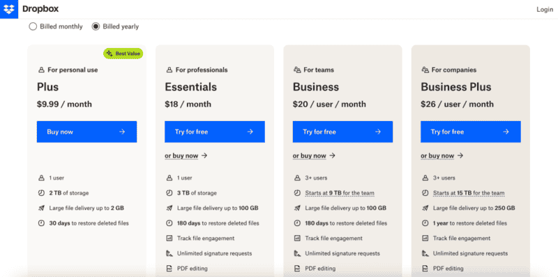 dropbox pricing