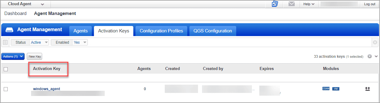 Activation Key column in activation Keys tab, under Agent Management.