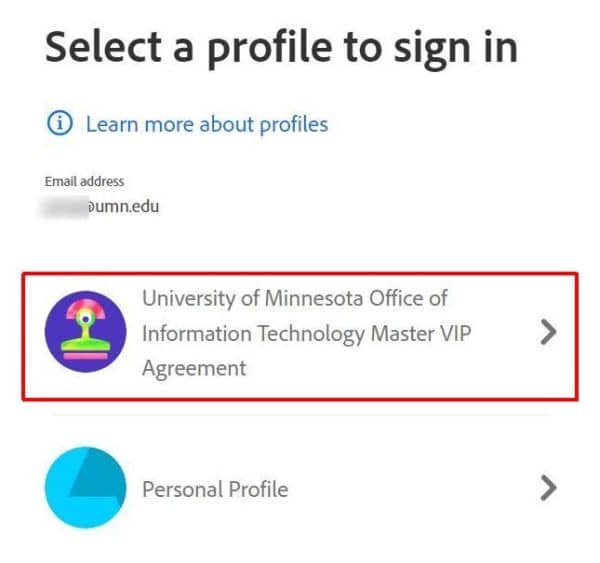 Select a profile screen showing Office of Information Technology Master VIP Agreement option chosen