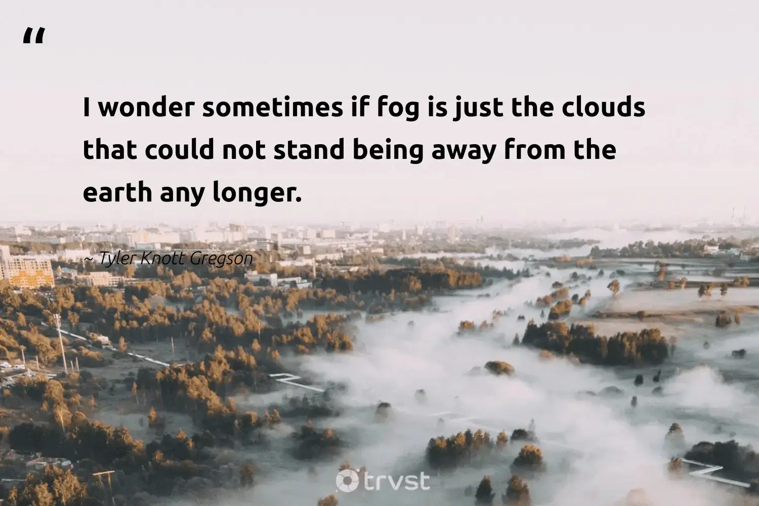 " I is wonder wonder sometimes if fog is just the cloud that could not stand being away from the earth any long . " -Tyler Knott Gregson #trvst #quotes #earth #noplanetb #fogs #earth #foggy #mist #foggydays 