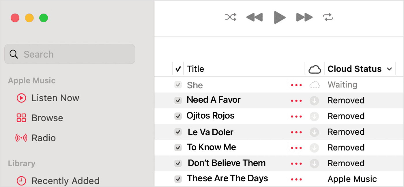 Apple Music app on Mac showing the cloud status next to songs