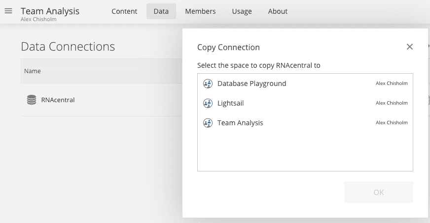 Copy Connections window in the Data tab of a Posit Cloud space showing that you can copy the rnacentral connection to a new project.