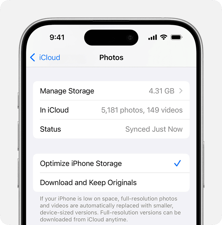 You can choose Optimise [device] storage or Download and Keep Originals.