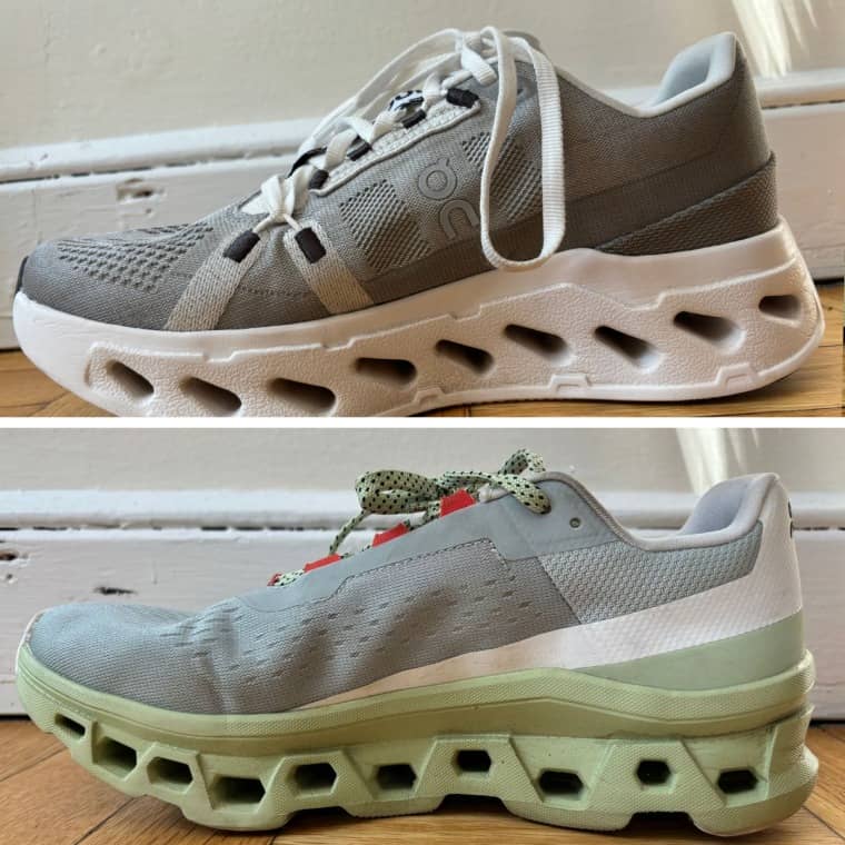 The Cloudeclipse ’s outsole is is ,top ,is smooth while the Cloudmonster ’s outsole ,bottom ,is scallop due to the low positioning of its cushioning system .