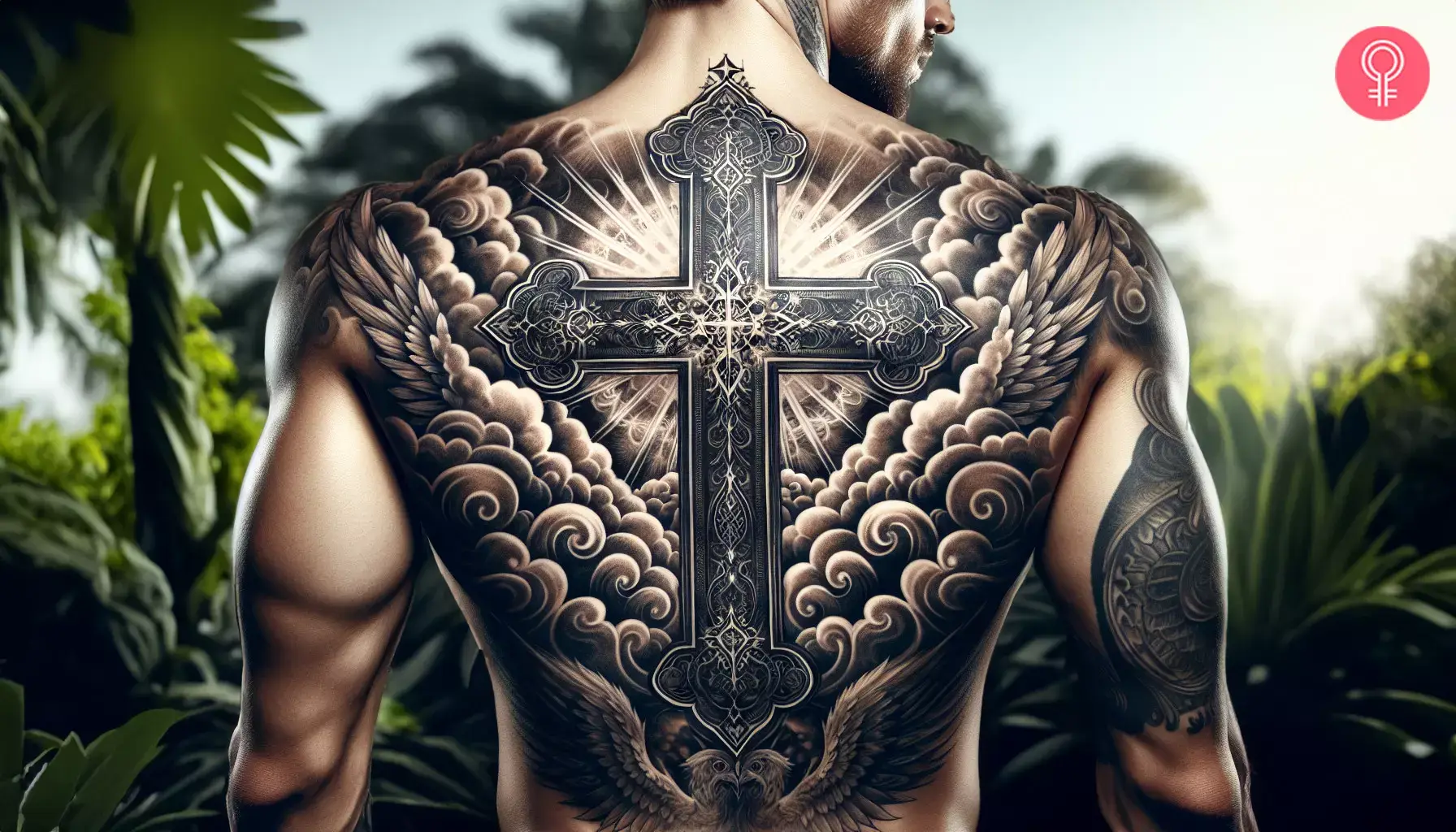 Cross with clouds tattoo on the back