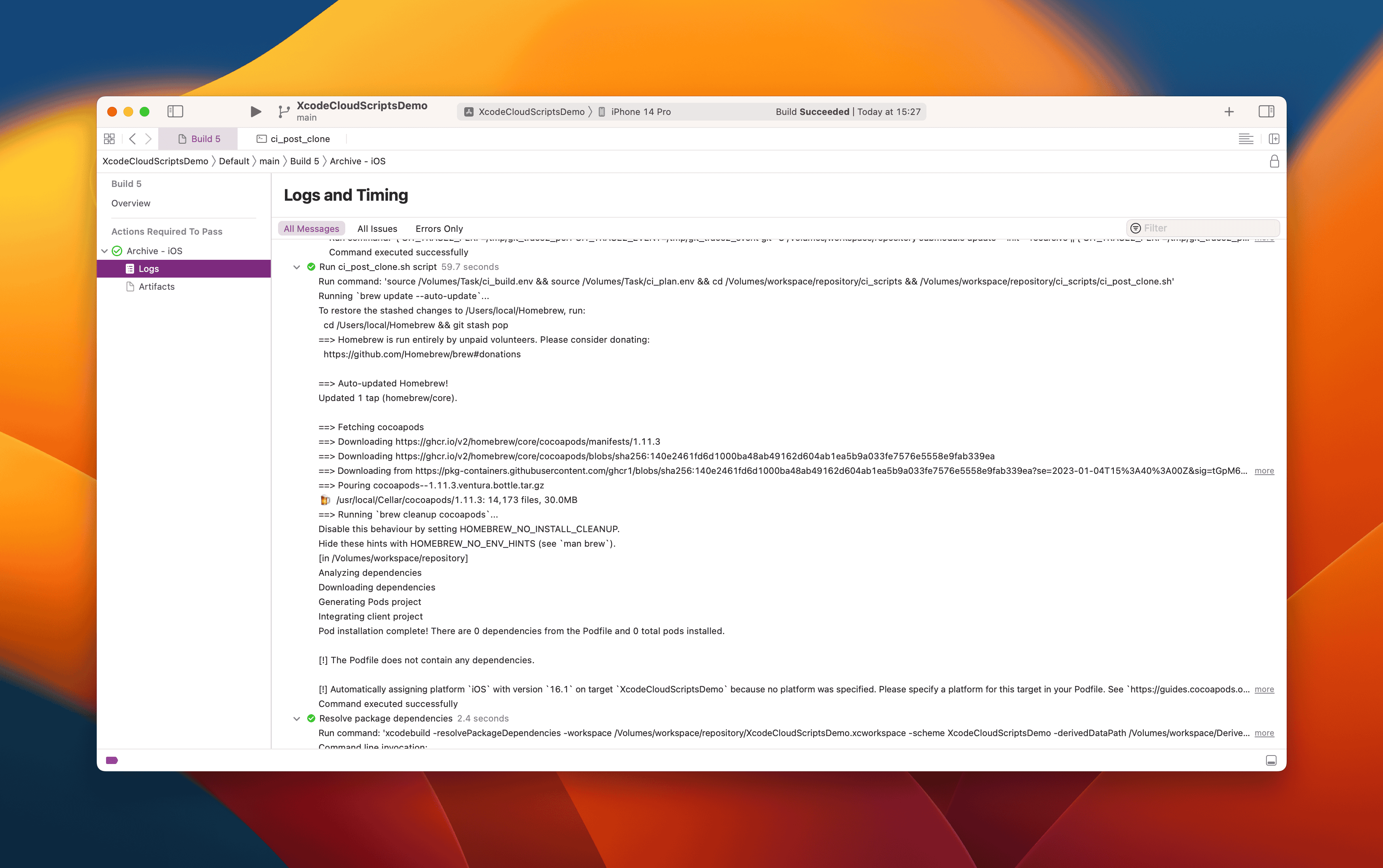 The Xcode Cloud build page showing a successful run with a post clone script.
