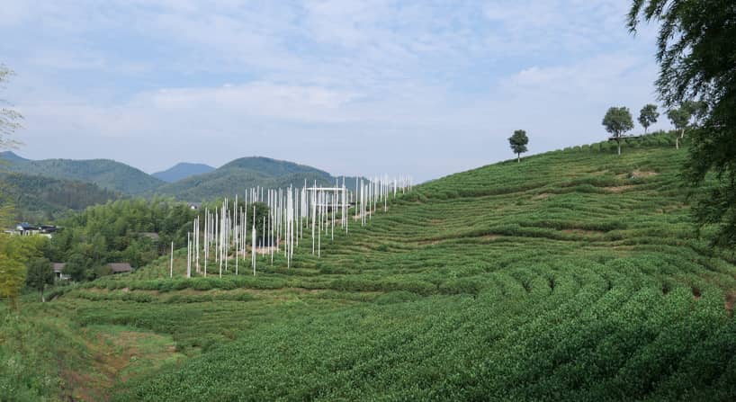 cloud tea room emerges from chinese hillside along with white steel poles infusing fog