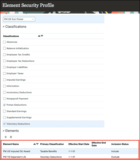 Element Security Profile - Element Classifications