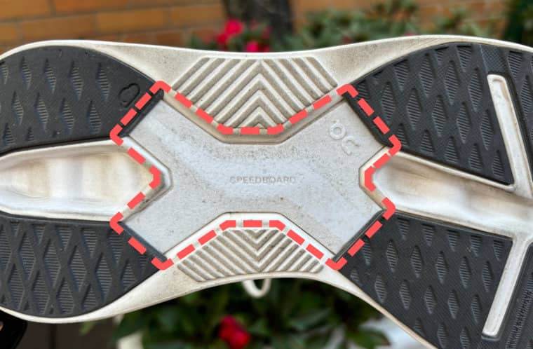 The bottom of an On Cloudeclipse sneaker with its X-shaped plate highlighted.