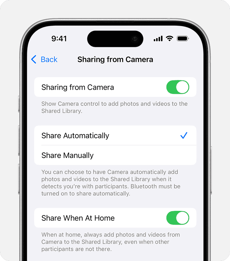 To add a button in the Camera app to share photos and videos to your Shared Library, turn on Sharing from Camera.