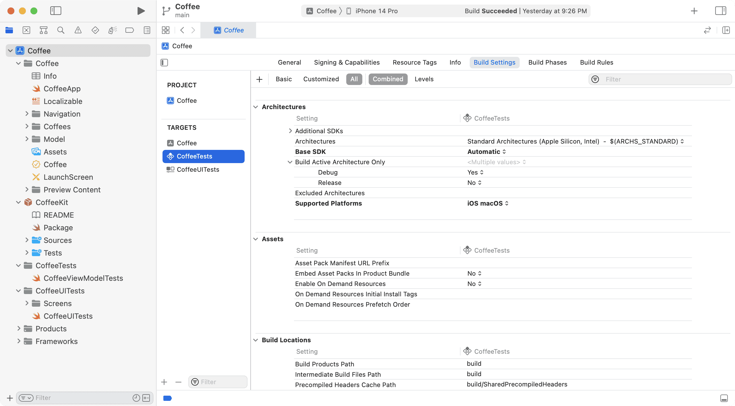 coffee test build settings