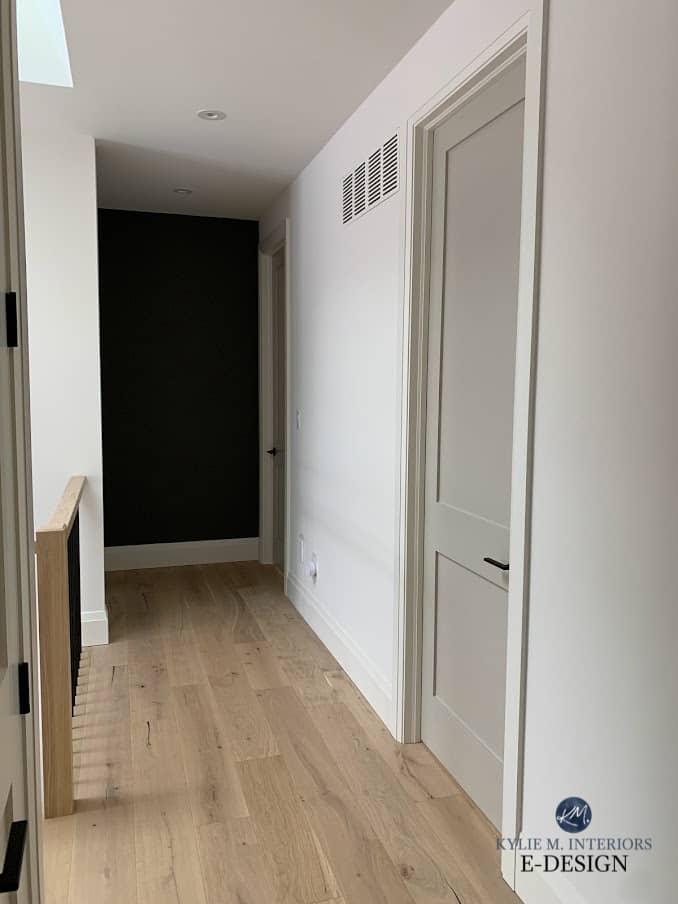 Interior hallway doors painted Benjamin MooreRevere Pewter, White Dove walls and trim, Amherst Gray feature wall, white oak floor. Kylie M Interiors Edesign