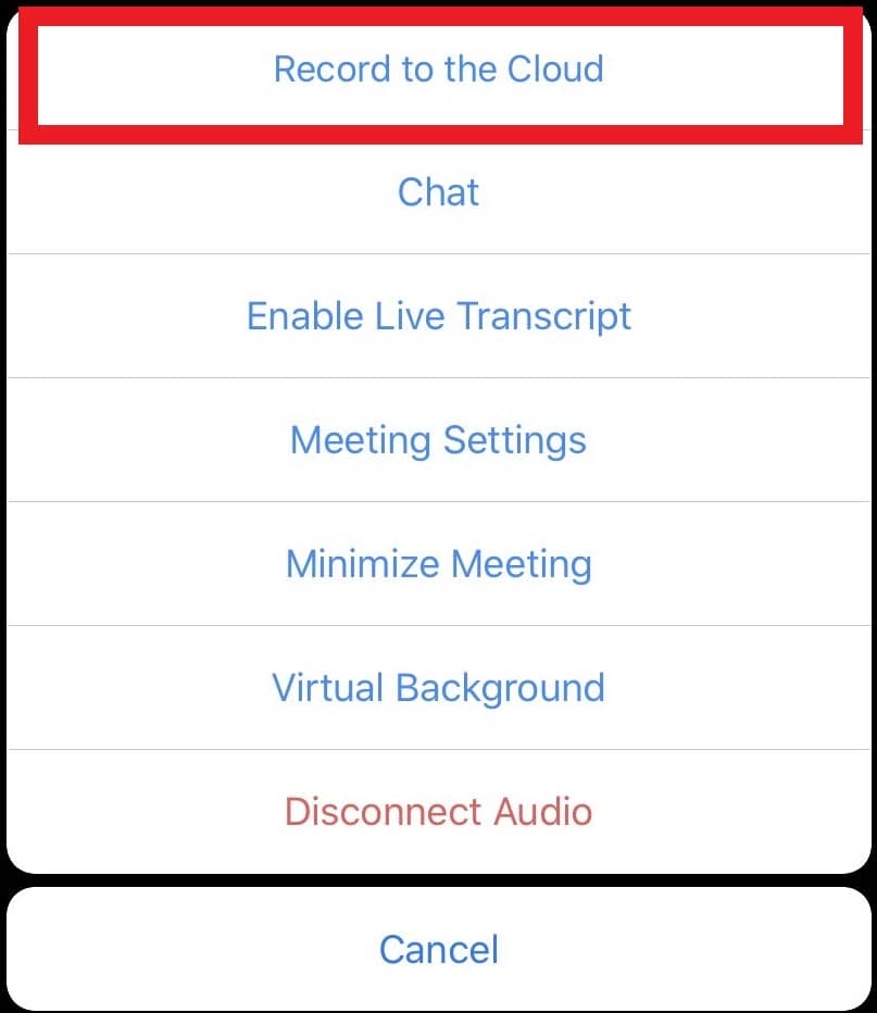 screenshot of the zoom mobile app interface on iPhone, Record to the cloud is highlighted in the More... menu