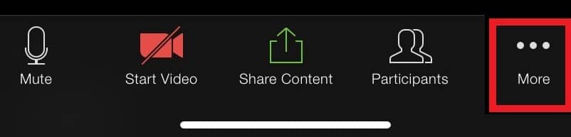 screenshot of webinar and meeting control toolbar in the Zoom mobile app, the More... menu is activated