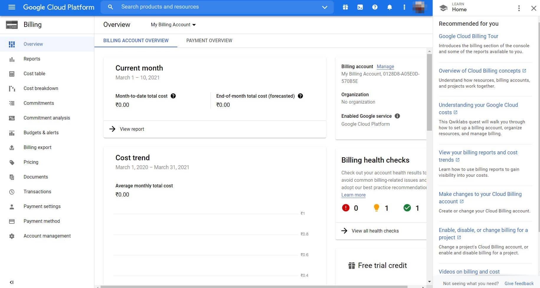 Google Cloud Console Billing Dashboard