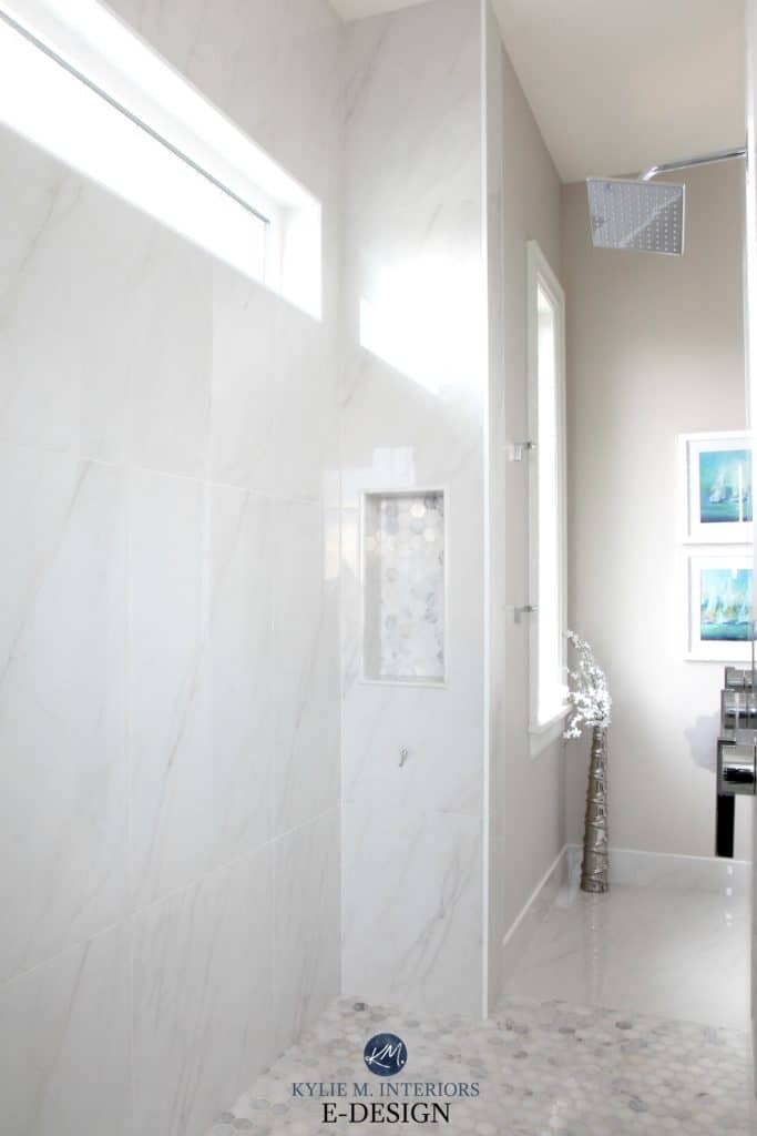 Walk in marble shower with niche or alcove for shampoo. Marble hexagon floor. Benjamin MooreBalboa Mist walls. Kylie M Interiors Edesign, online paint colour consulting