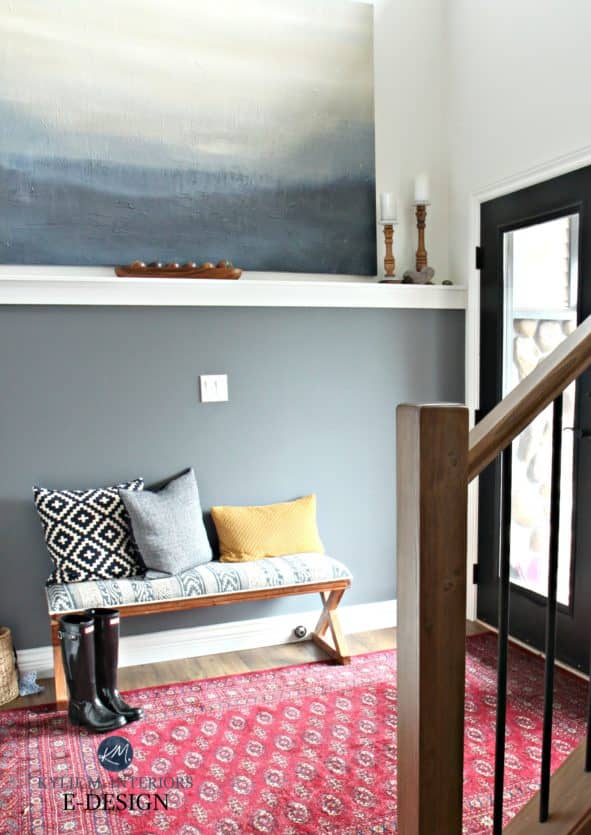 Best cool gray paint colour, Benjamin MooreSteel Wool, foyer entryway with black front door, red accent area rug. Kylie M Interiors Edesign