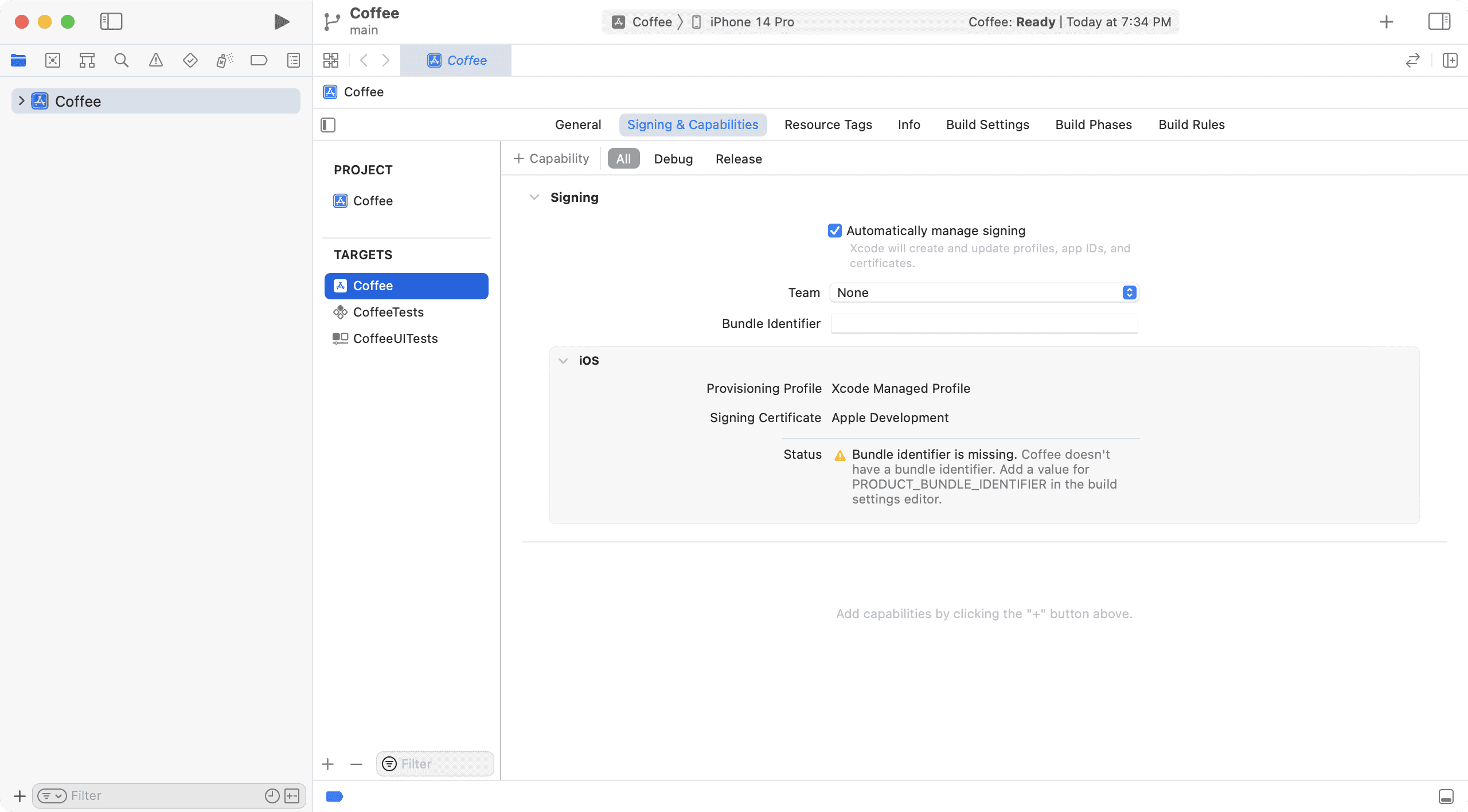 Xcode Signing & Capabilities tab