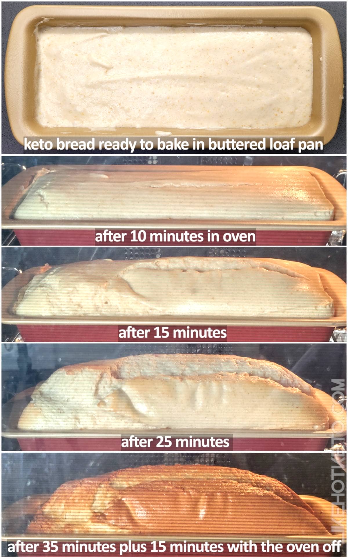 The keto egg white bread batter inside the loaf pan,then inside the oven showing it growing as it bakes.