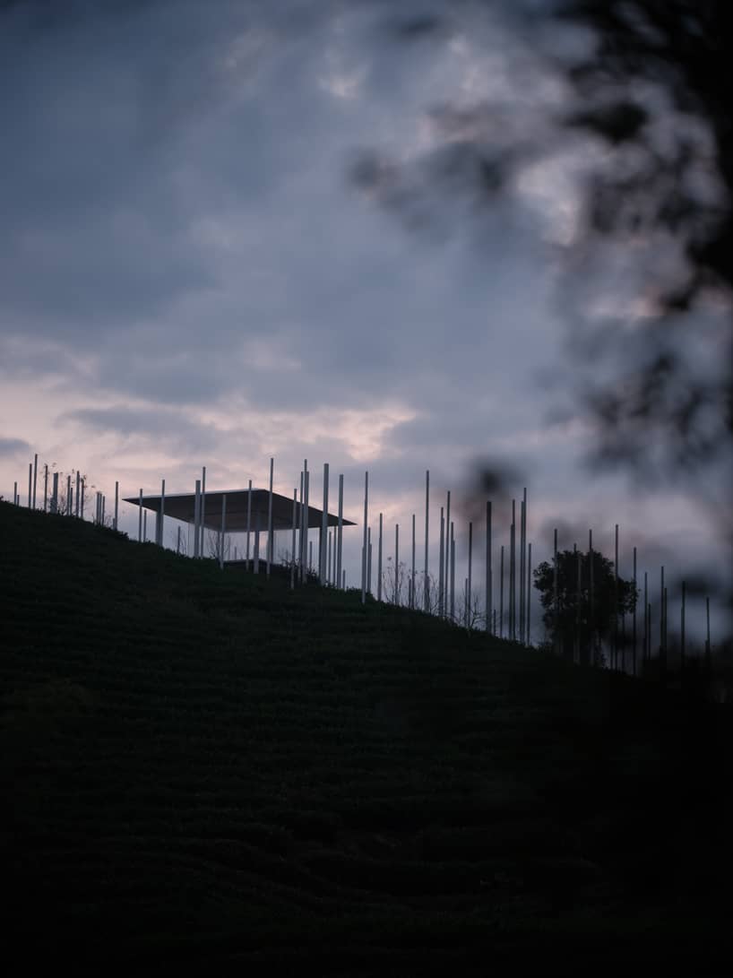 cloud tea room emerges from chinese hillside along with white steel poles infusing fog