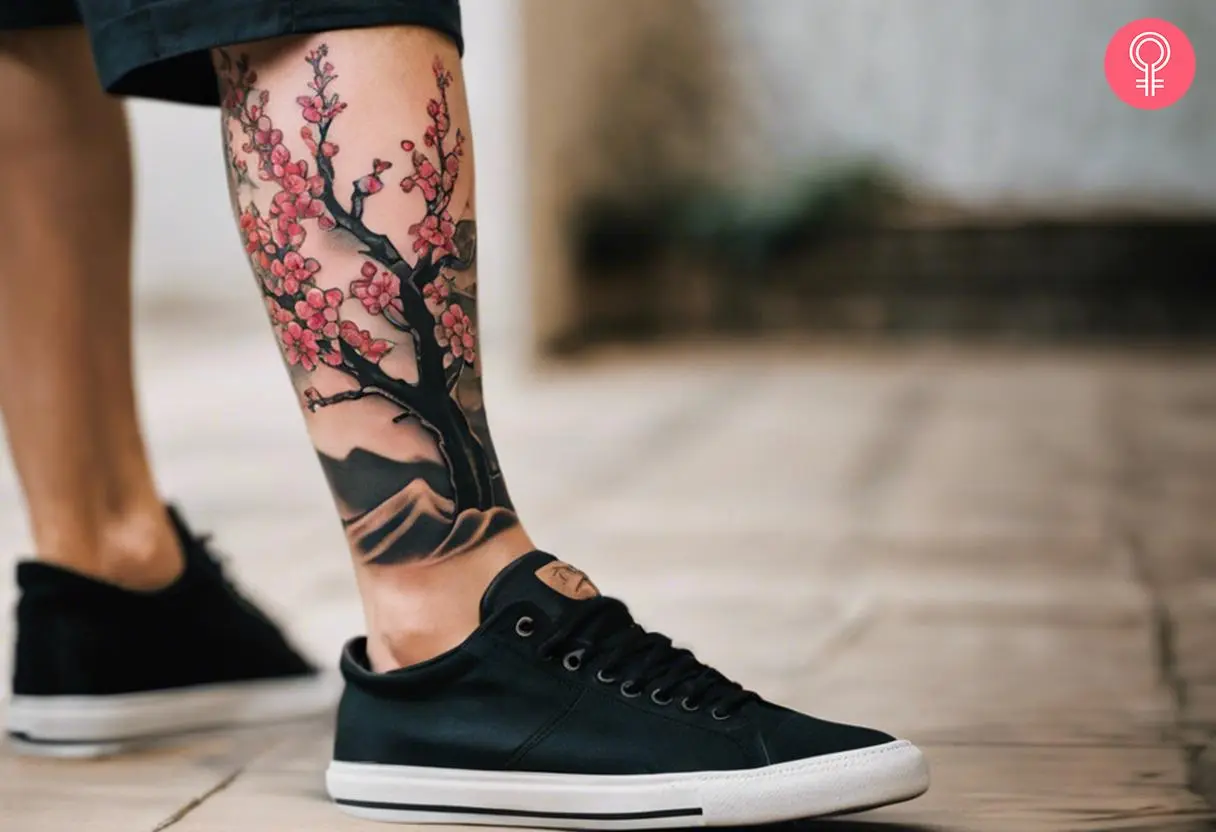 Japanese half-sleeve cherry blossom tattoo on the calf