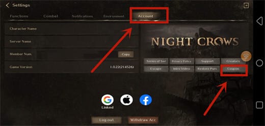 Tap "Account" option and then click the "Coupon" button in NIGHT CROWS - LDCloud