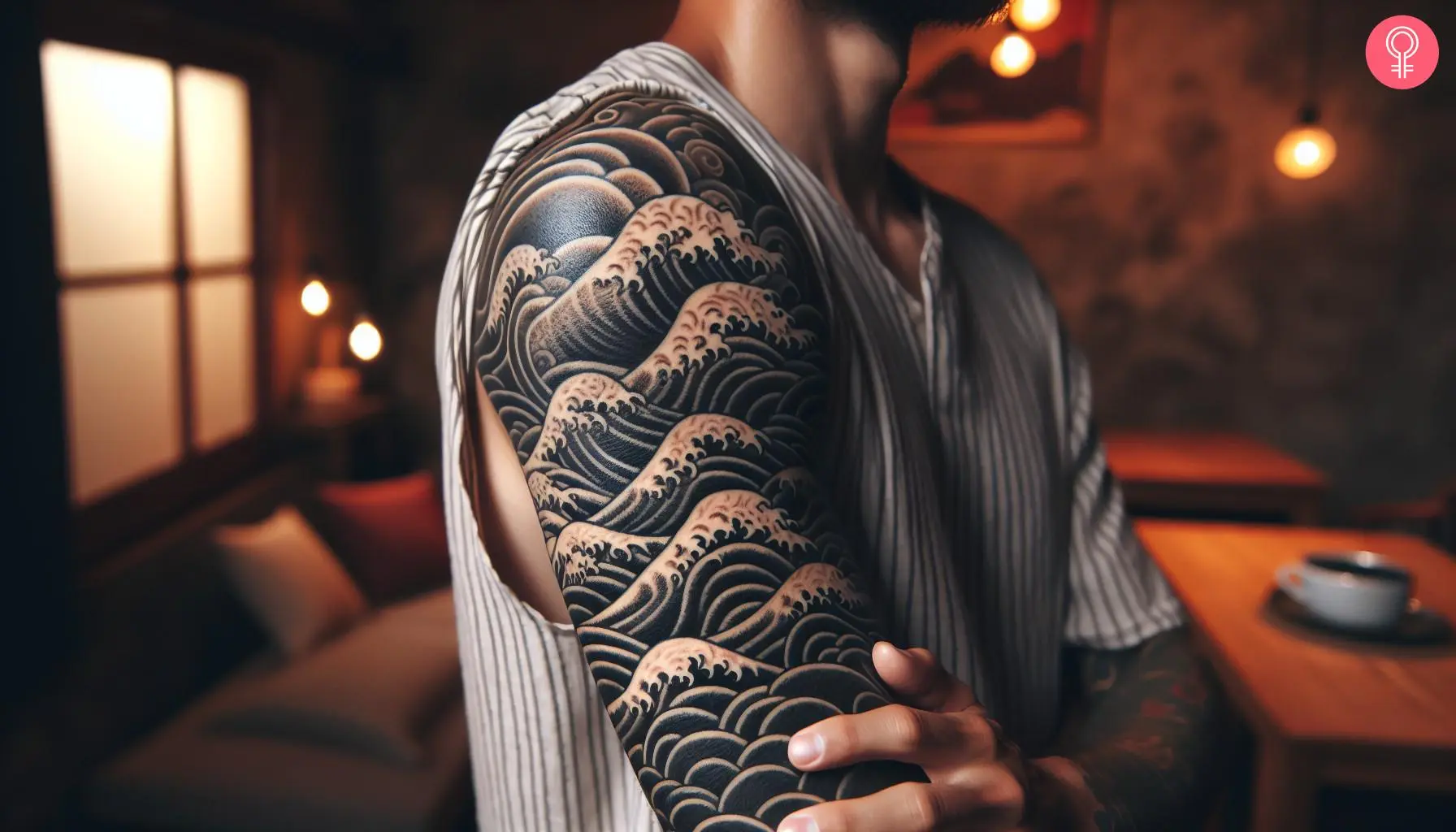 Japanese wave half-sleeve tattoo on the upper arm