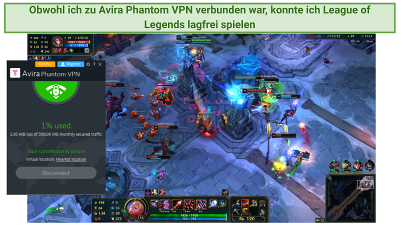 Screenshot of Avira Phantom VPN working with League of Legends