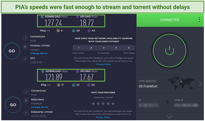 PIA speed test connected to a server in Germany