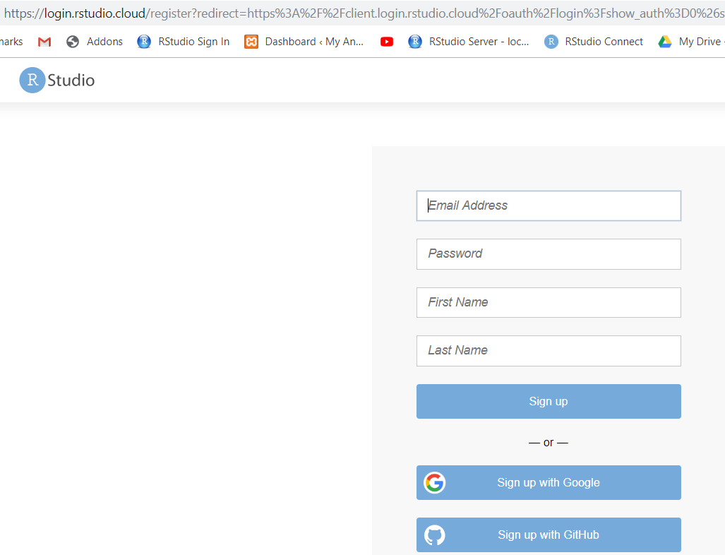 RStudio Cloud registration page