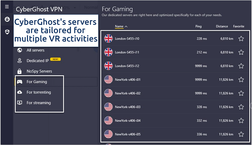 A screenshot of CyberGhost's optimized servers for gaming and streaming